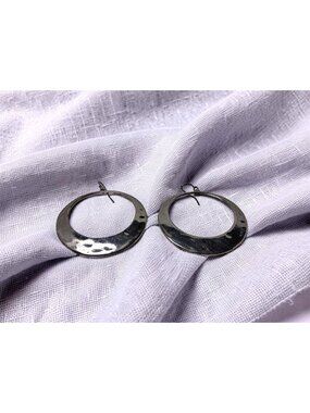 Vintage Silver Tone Hammered Ear Wire 1.78" Diameter Hoop Earrings